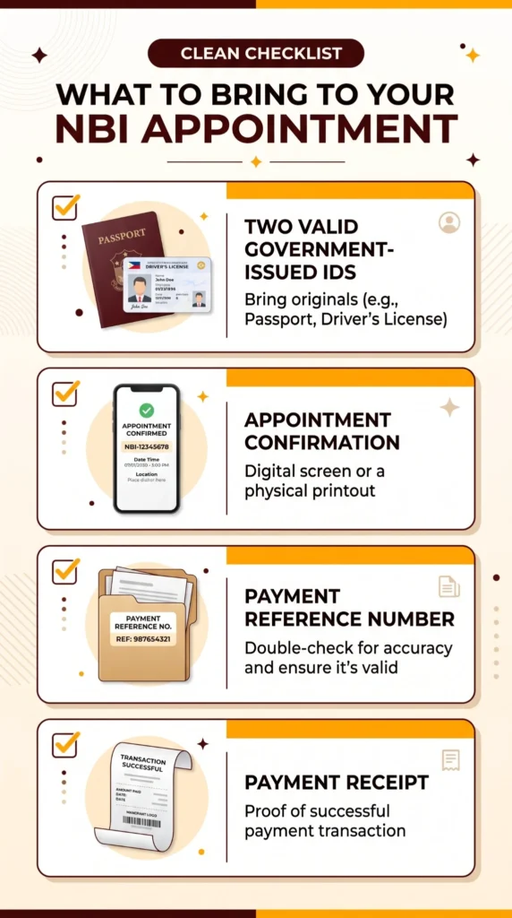 Check what to bring to your NBI appointment in 2026, including two valid IDs, appointment confirmation, payment reference number, and receipt.