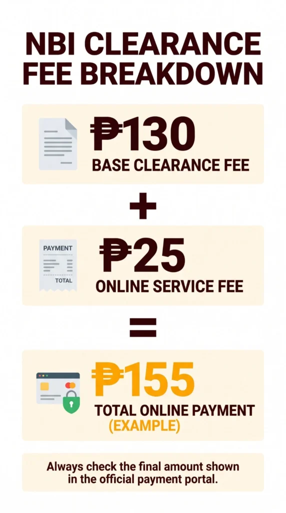 NBI Clearance fee guide for 2026: understand the ₱130 base fee, a ₱25 online service-fee example, and check the final portal amount.