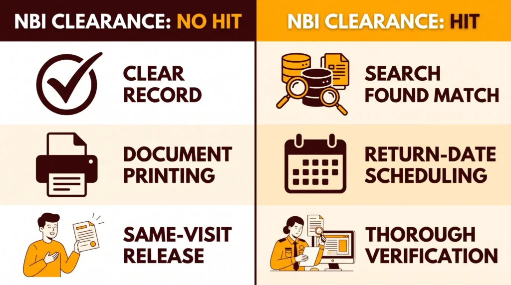 Learn the difference between NBI Clearance No Hit and Hit results, including same-visit release, return dates, and verification steps in 2026.