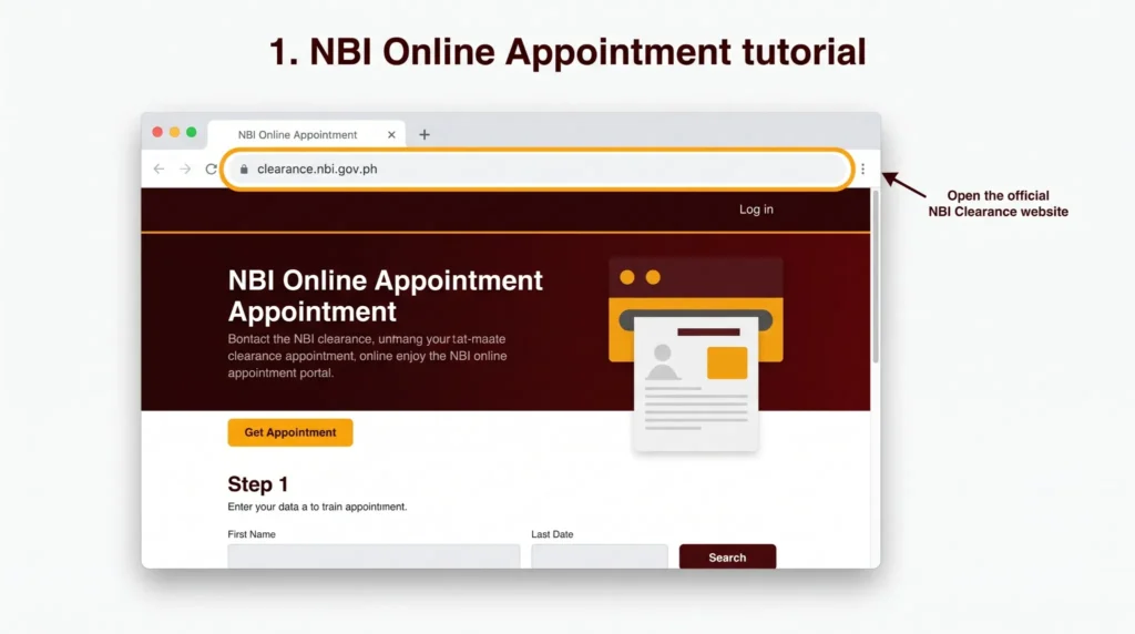 Tutorial image showing the official NBI Clearance website URL highlighted in the browser address bar.