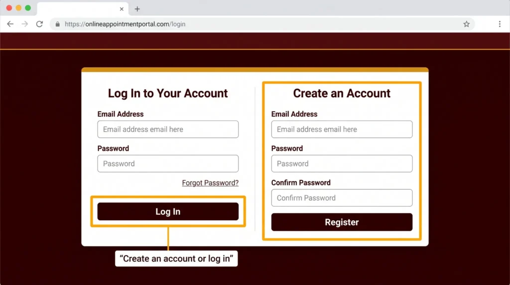 Tutorial image showing login and create account options for NBI online appointment registration.