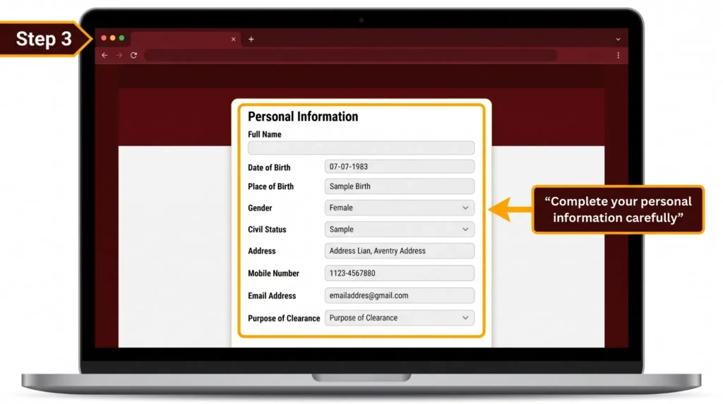 Tutorial image showing a personal information form for NBI online appointment application.