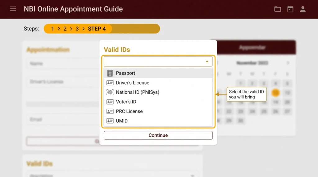 Tutorial image showing valid ID selection options for an NBI online appointment guide.