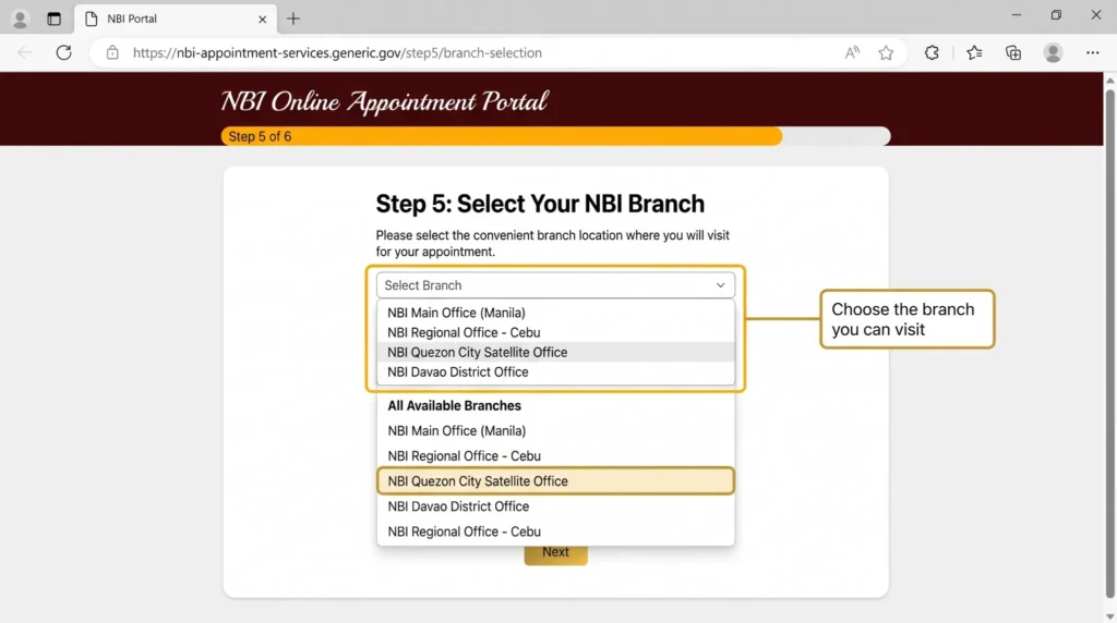 Tutorial image showing branch selection for an NBI online appointment booking.