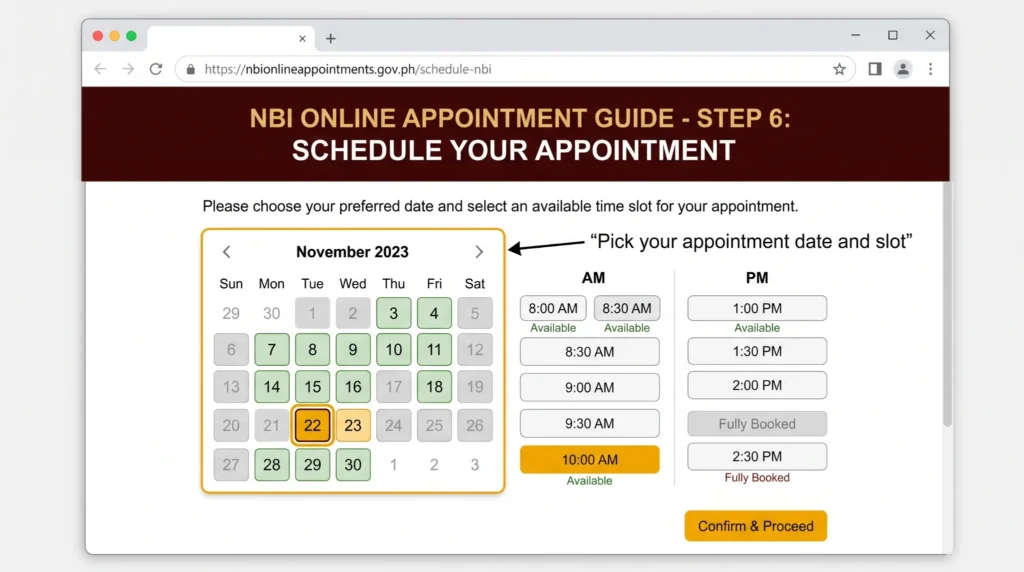 Tutorial image showing appointment calendar and time slot selection for NBI online appointment.