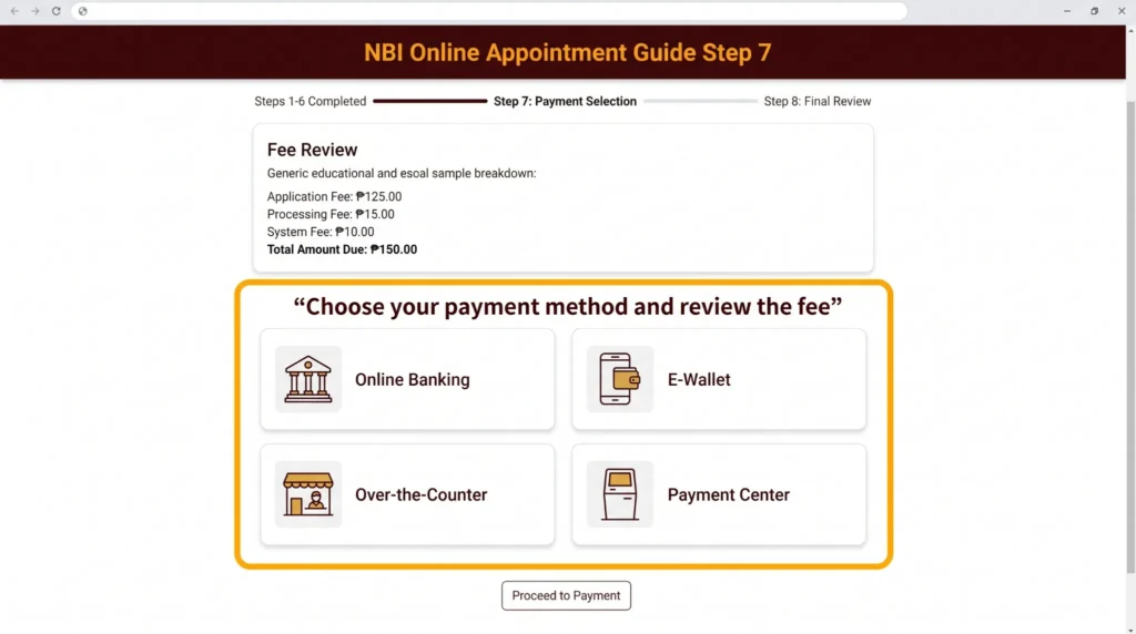 Tutorial image showing payment method options and fee review for NBI online appointment.