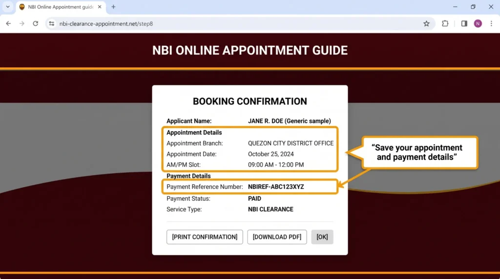 Tutorial image showing booking confirmation, appointment details, and payment reference number.