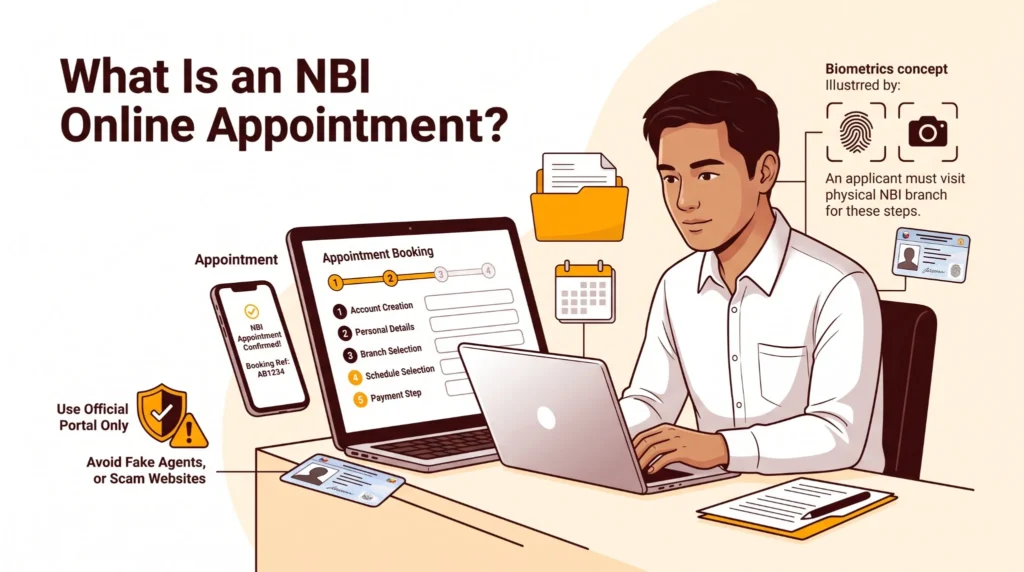 Learn what an NBI online appointment is, how online booking works, and why you must visit an NBI branch for biometrics in 2026.