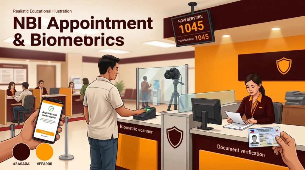 Filipino applicant completing NBI Clearance biometrics verification with fingerprint scanning, document verification, appointment confirmation, and photo capture at an NBI branch.