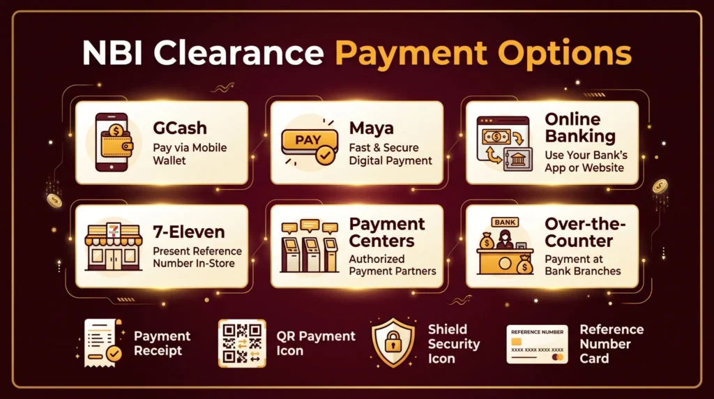 NBI Clearance renewal payment methods including GCash, Maya, online banking, 7-Eleven, payment centers, over-the-counter payment, receipt, QR code, and reference number.