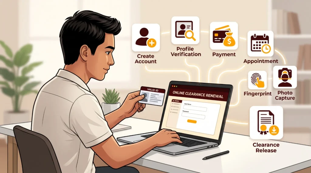 Filipino applicant renewing NBI Clearance online using a laptop and valid ID, showing the complete renewal process including account creation, profile verification, payment, appointment, fingerprint biometrics, photo capture, and clearance release.