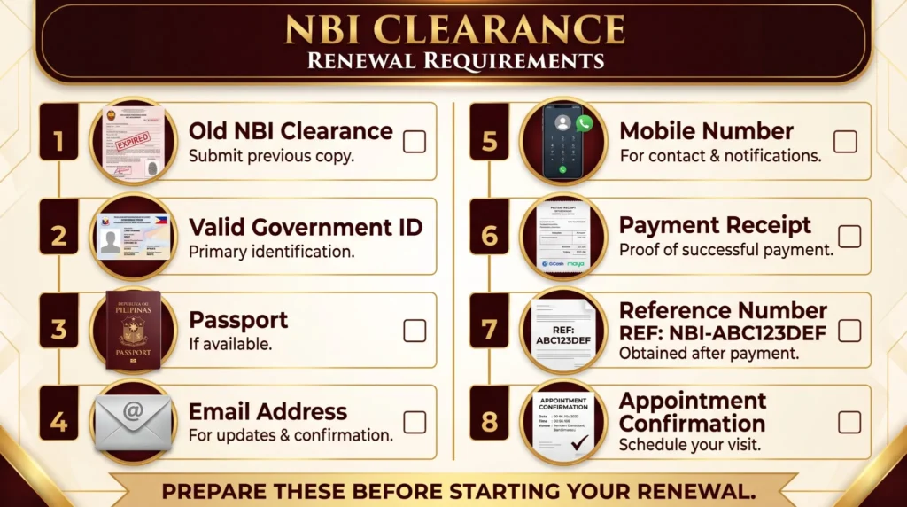 NBI Clearance renewal requirements checklist including old clearance, government ID, passport, email address, mobile number, payment receipt, reference number, and appointment confirmation.