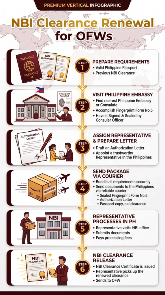 Vertical infographic showing the NBI Clearance renewal process for OFWs, including document requirements, Philippine Embassy fingerprinting, authorization letter, courier submission, representative processing in the Philippines, and final NBI Clearance release.