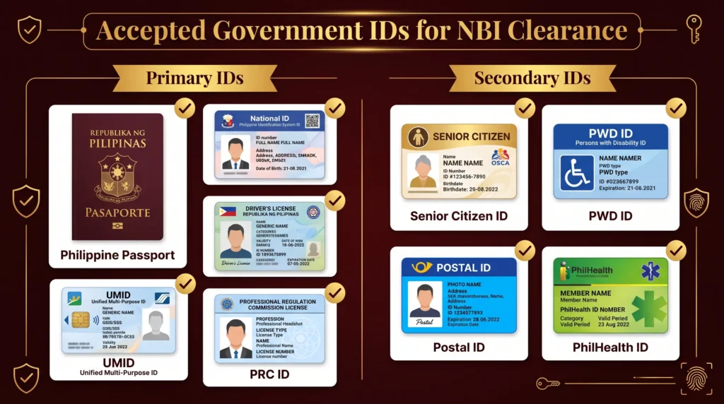 List of accepted government-issued IDs for NBI Clearance including Passport, National ID, Driver's License, UMID, PRC ID, PhilHealth ID, and Postal ID