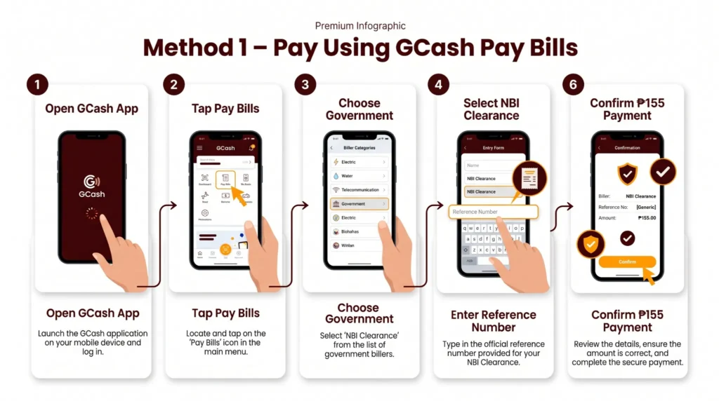 Infographic explaining how to pay NBI Clearance using the GCash Pay Bills option including selecting Government, entering the reference number, and confirming the ₱155 payment