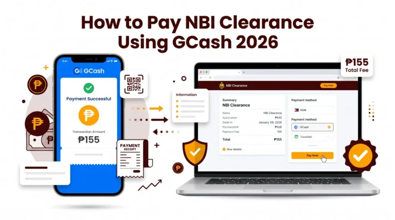 Step-by-step guide showing how to pay NBI Clearance using GCash in 2026 through the official NBI online portal with a total payment of ₱155