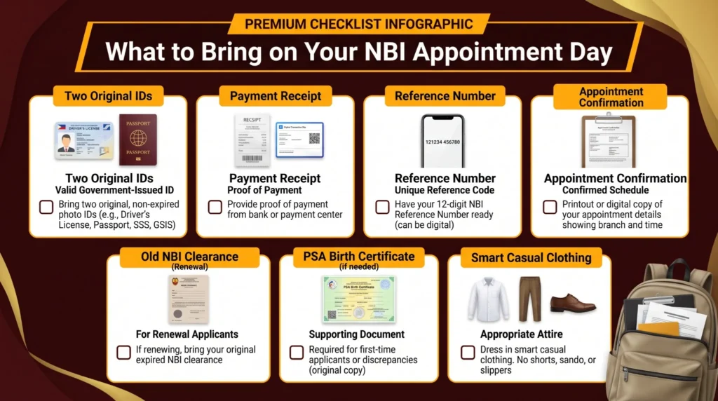 Infographic checklist showing what to bring on your NBI appointment day in 2026, including two original government-issued IDs, payment receipt, reference number, appointment confirmation, old NBI clearance for renewal, PSA birth certificate if required, and proper smart casual clothing.