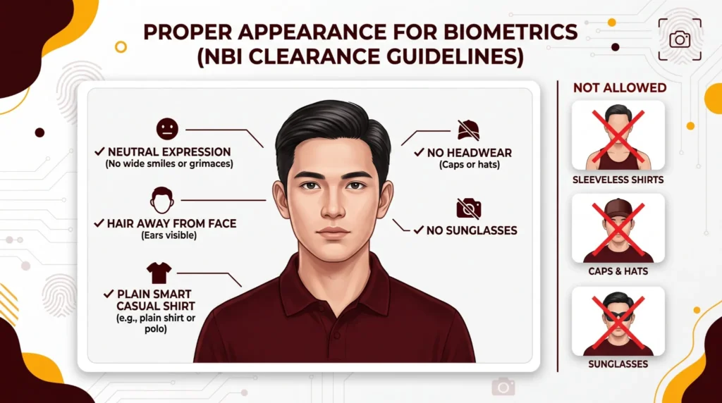 Infographic showing the proper appearance for NBI Clearance biometrics in 2026, including neutral facial expression, hair away from the face, no headwear, no sunglasses, smart casual clothing, and prohibited attire such as sleeveless shirts.
