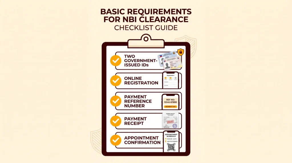 Checklist of basic NBI Clearance requirements including two government-issued IDs, online registration, payment receipt, and appointment confirmation
