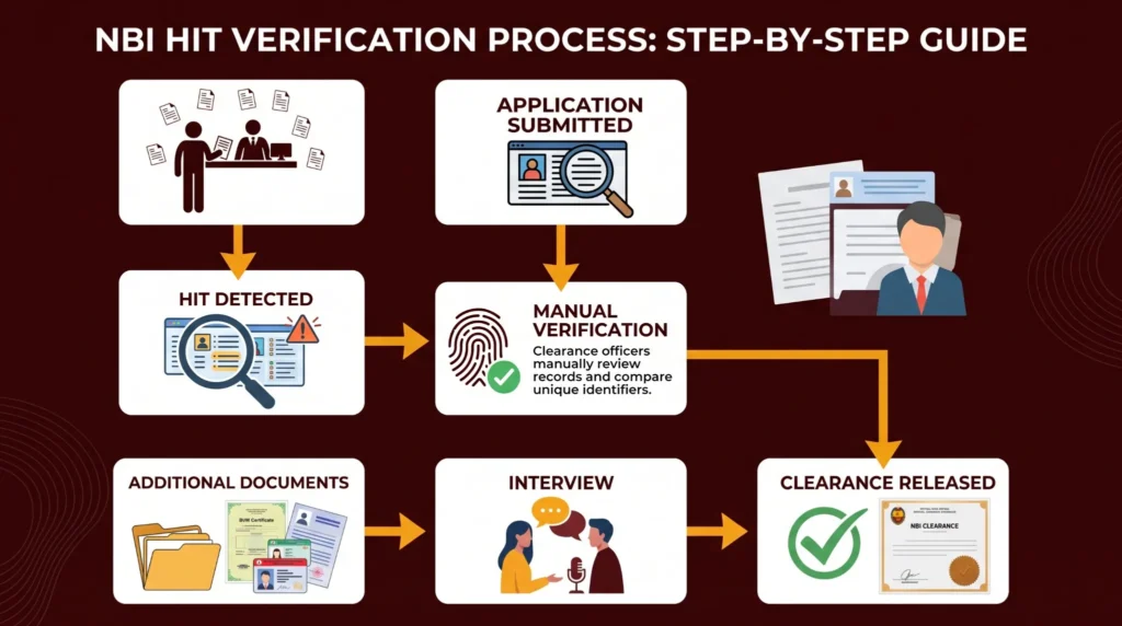 Infographic explaining the NBI HIT verification process in the Philippines, including application submission, HIT detection, manual verification, additional documents, interview, and NBI Clearance release for 2026 applicants.