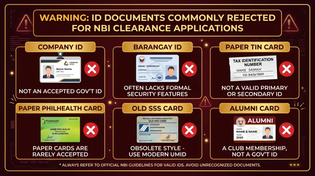 Documents commonly rejected for NBI Clearance including Company ID, Barangay ID, Paper TIN Card, Old SSS Card, Alumni Card, and Paper PhilHealth Card