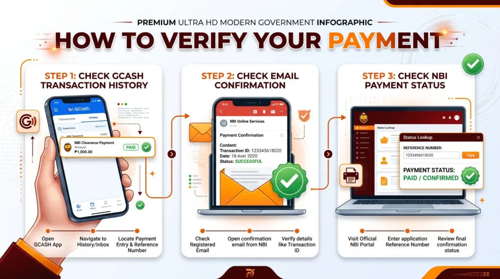 Infographic explaining how to verify a successful NBI Clearance payment by checking GCash transaction history, email confirmation, and NBI payment status